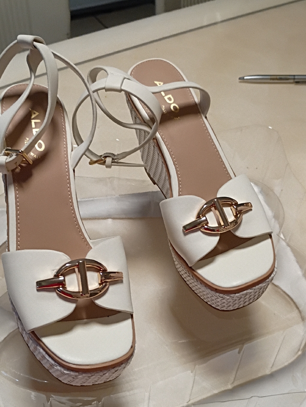 ALDO Ivory Wedge Sandals with Gold-Tone Buckle